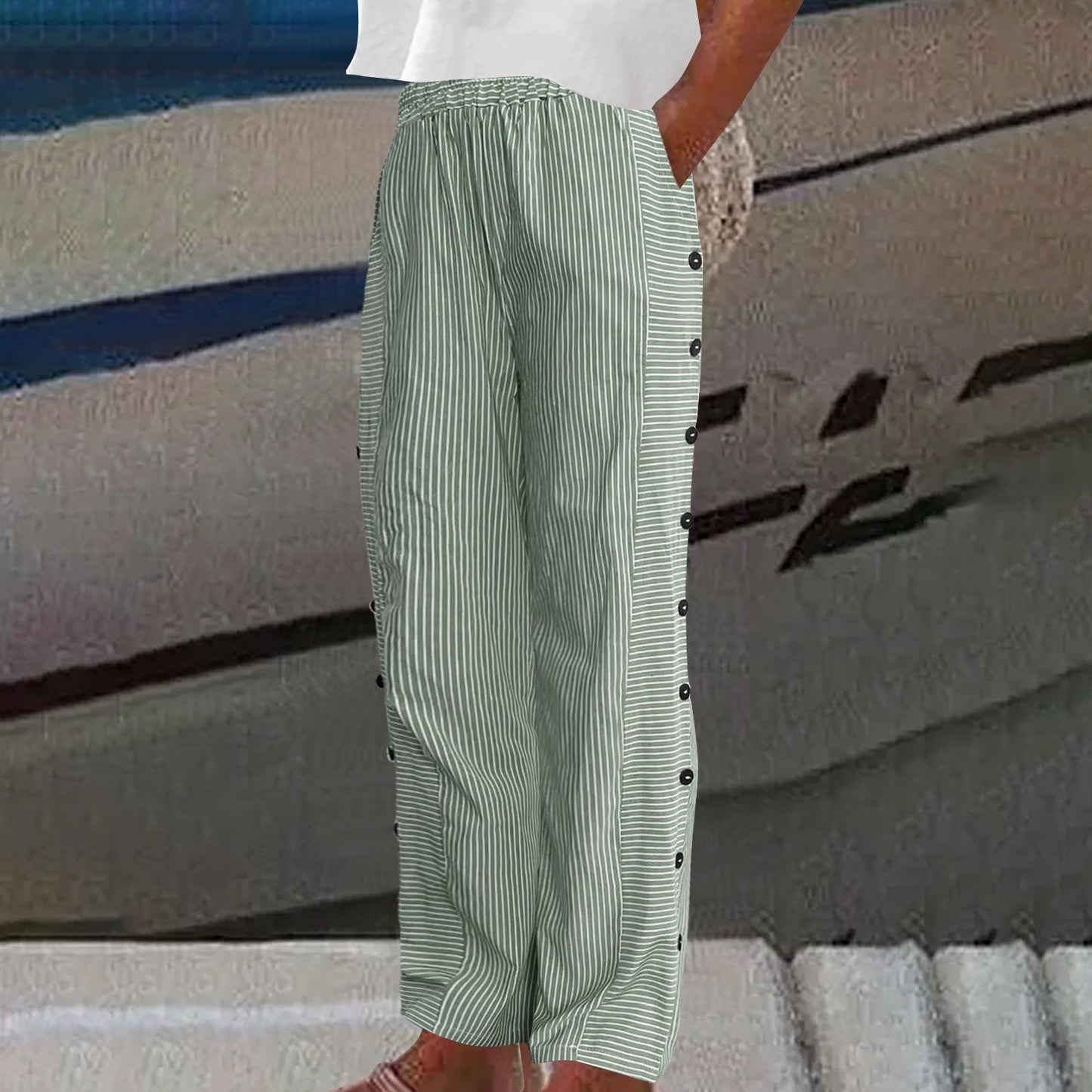 Sera™ - Striped Button-Accent Pants